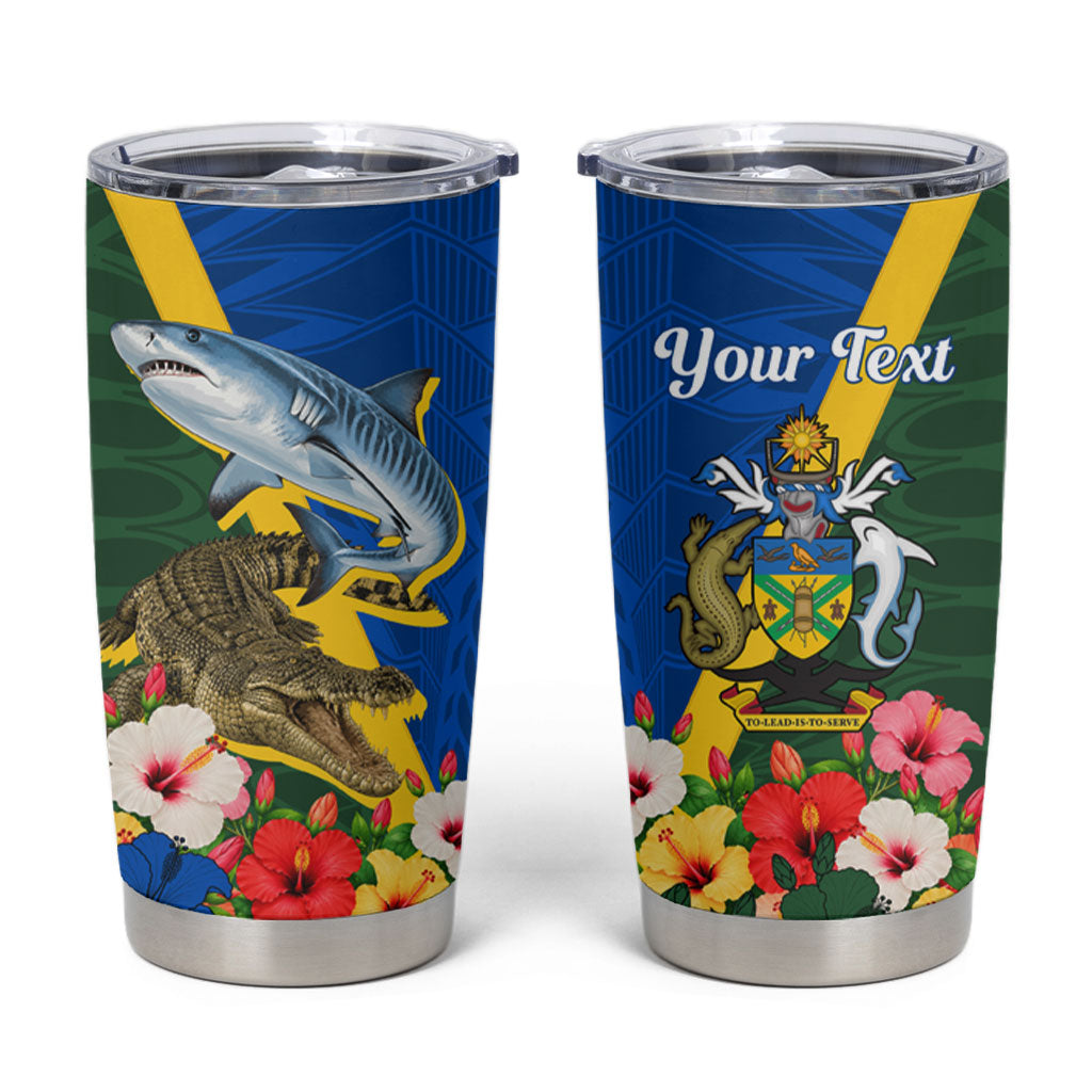 Personalized Solomon Islands Coat Of Arms Tumbler Cup Patriotic Flag Shark Crocodile Tropical Floral TS04 Blue Green - Polynesian Pride