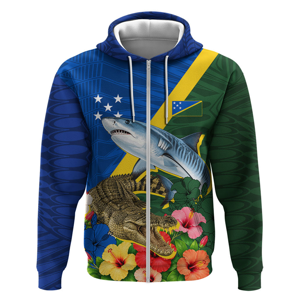 Personalized Solomon Islands Coat Of Arms Zip Hoodie Patriotic Flag Shark Crocodile Tropical Floral TS04 Zip Hoodie Blue Green - Polynesian Pride