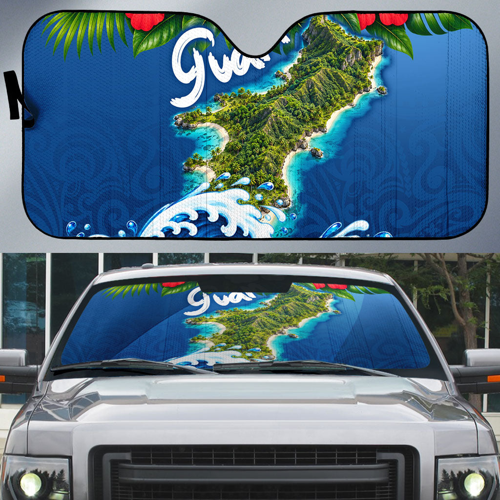 Guam Tropical Island Auto Sun Shade Hibiscus Floral Ocean Waves TS04 Blue Red - Polynesian Pride
