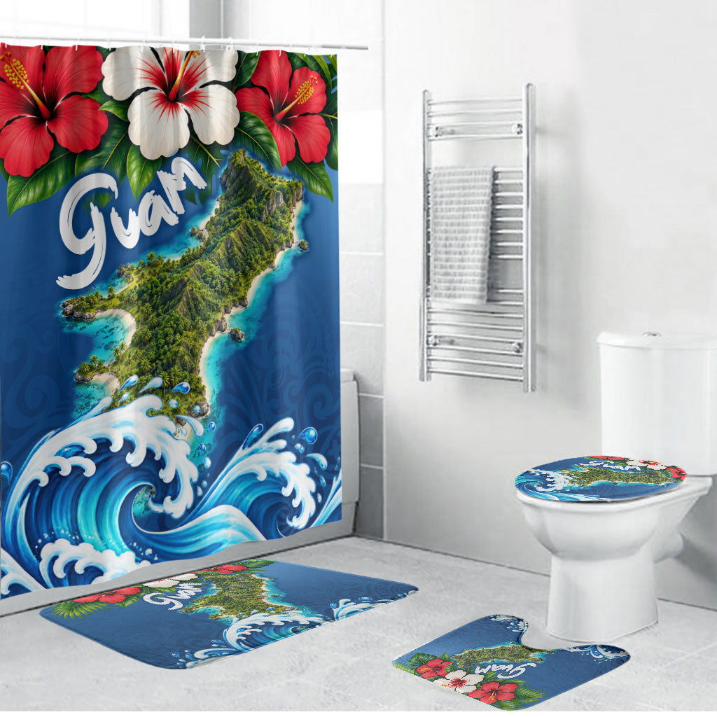Guam Tropical Island Bathroom Set Hibiscus Floral Ocean Waves TS04 Bathroom Set (4 pcs) Blue Red - Polynesian Pride