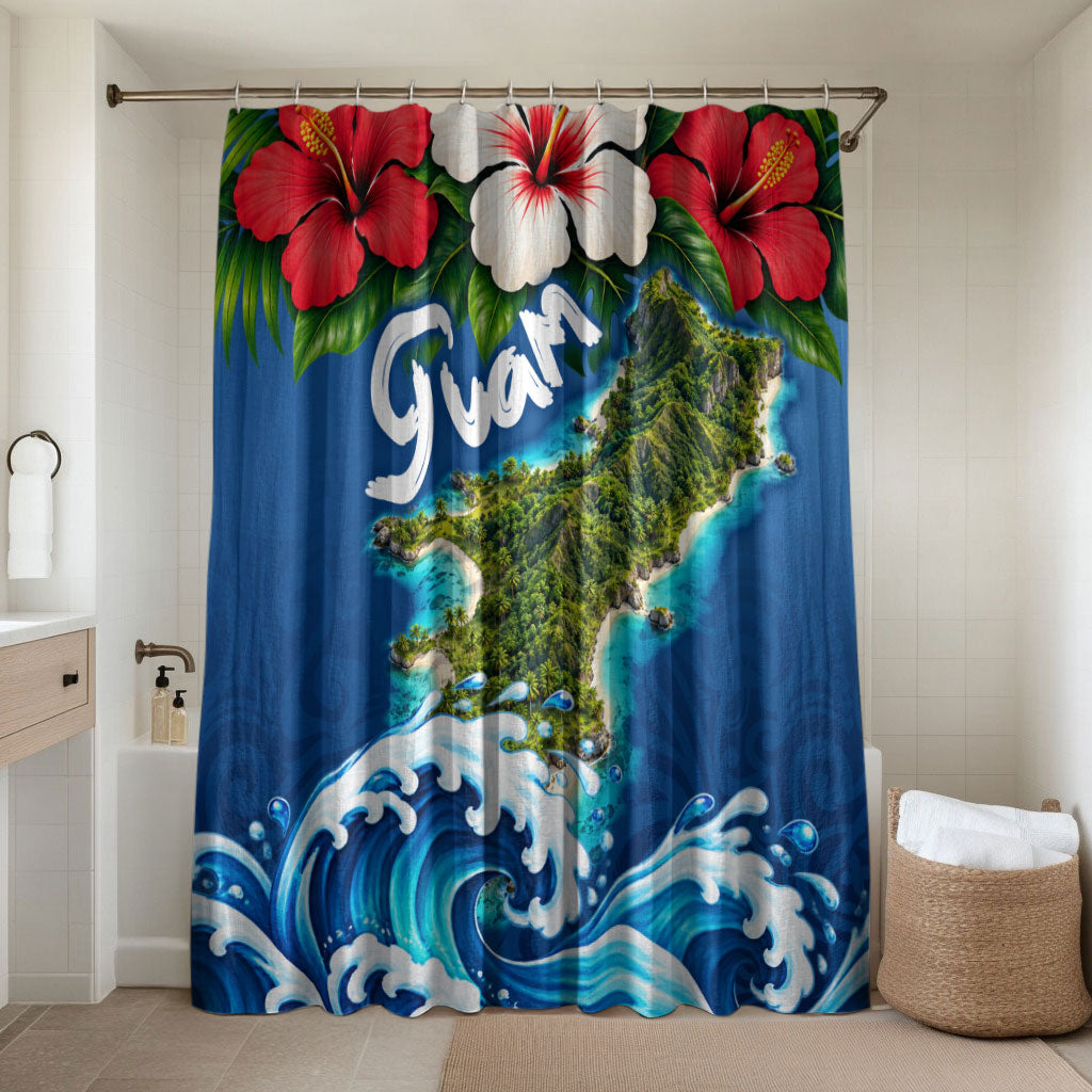 Guam Tropical Island Bathroom Set Hibiscus Floral Ocean Waves TS04 Shower Curtain Only Blue Red - Polynesian Pride
