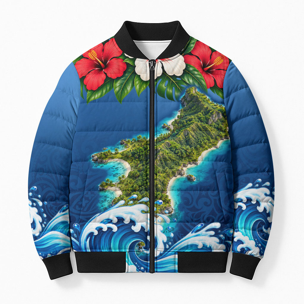 Guam Tropical Island Bomber Puffer Jacket Hibiscus Floral Ocean Waves TS04 Unisex Blue Red - Polynesian Pride