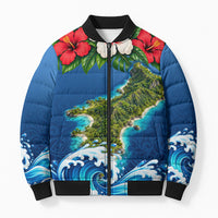 Guam Tropical Island Bomber Puffer Jacket Hibiscus Floral Ocean Waves TS04 Unisex Blue Red - Polynesian Pride