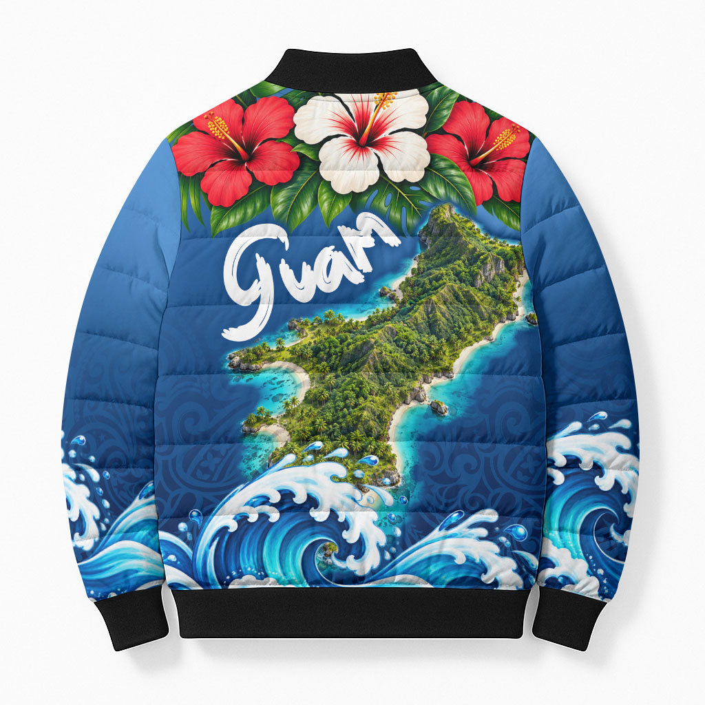 Guam Tropical Island Bomber Puffer Jacket Hibiscus Floral Ocean Waves TS04 - Polynesian Pride