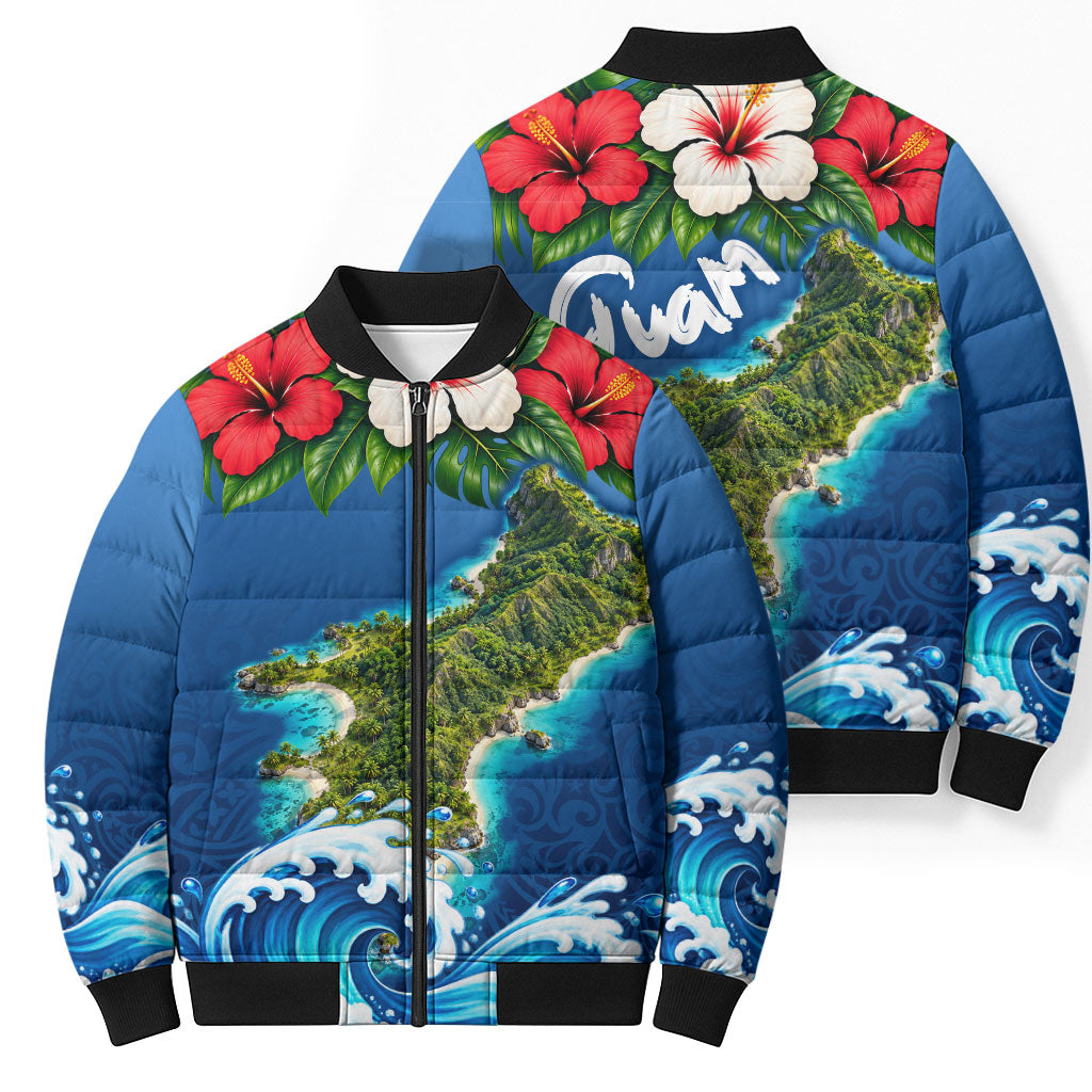 Guam Tropical Island Bomber Puffer Jacket Hibiscus Floral Ocean Waves TS04 - Polynesian Pride