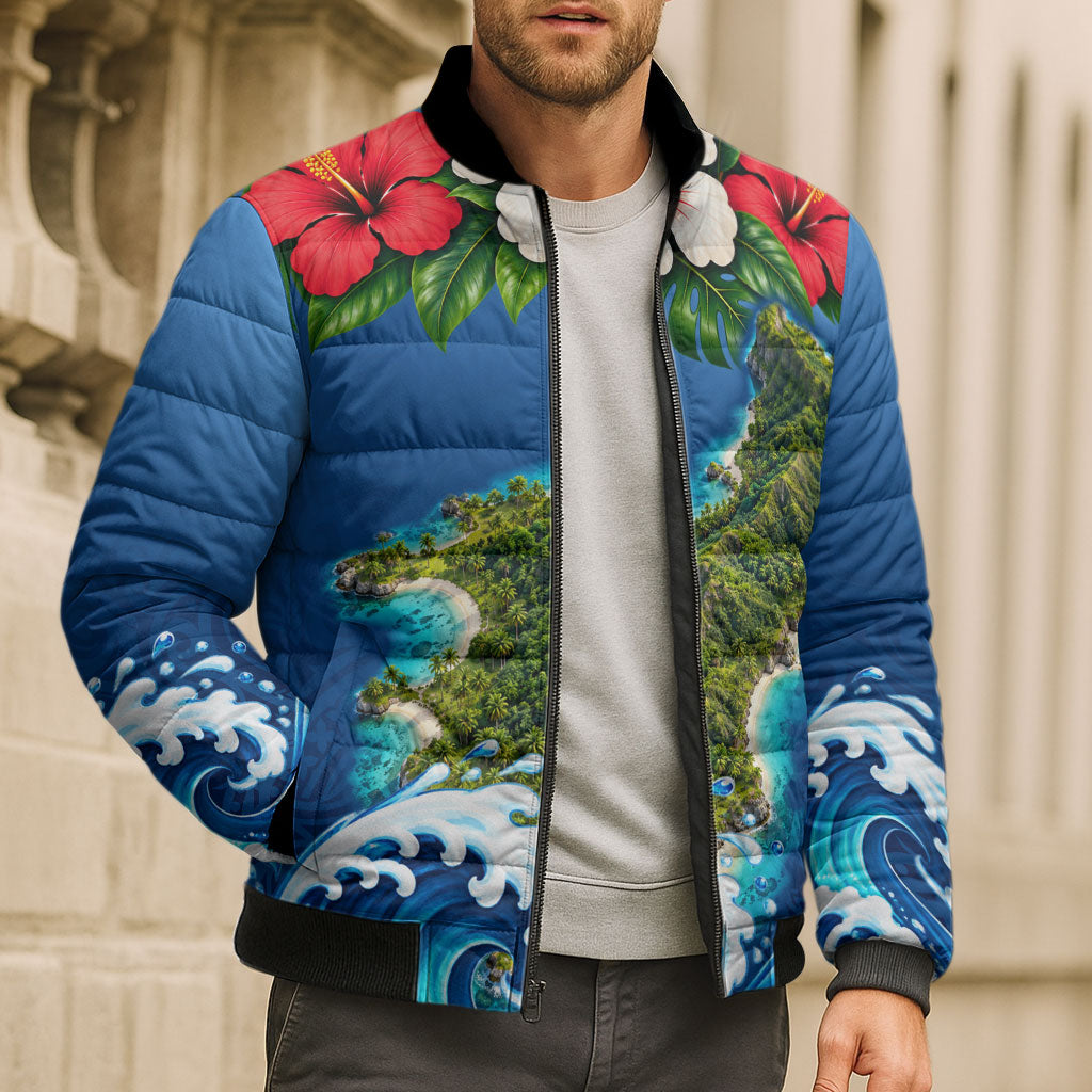 Guam Tropical Island Bomber Puffer Jacket Hibiscus Floral Ocean Waves TS04 - Polynesian Pride