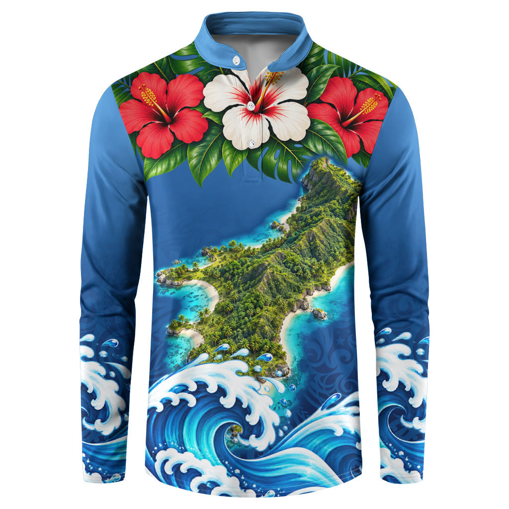 Guam Tropical Island Button Sweatshirt Hibiscus Floral Ocean Waves TS04 Blue Red - Polynesian Pride