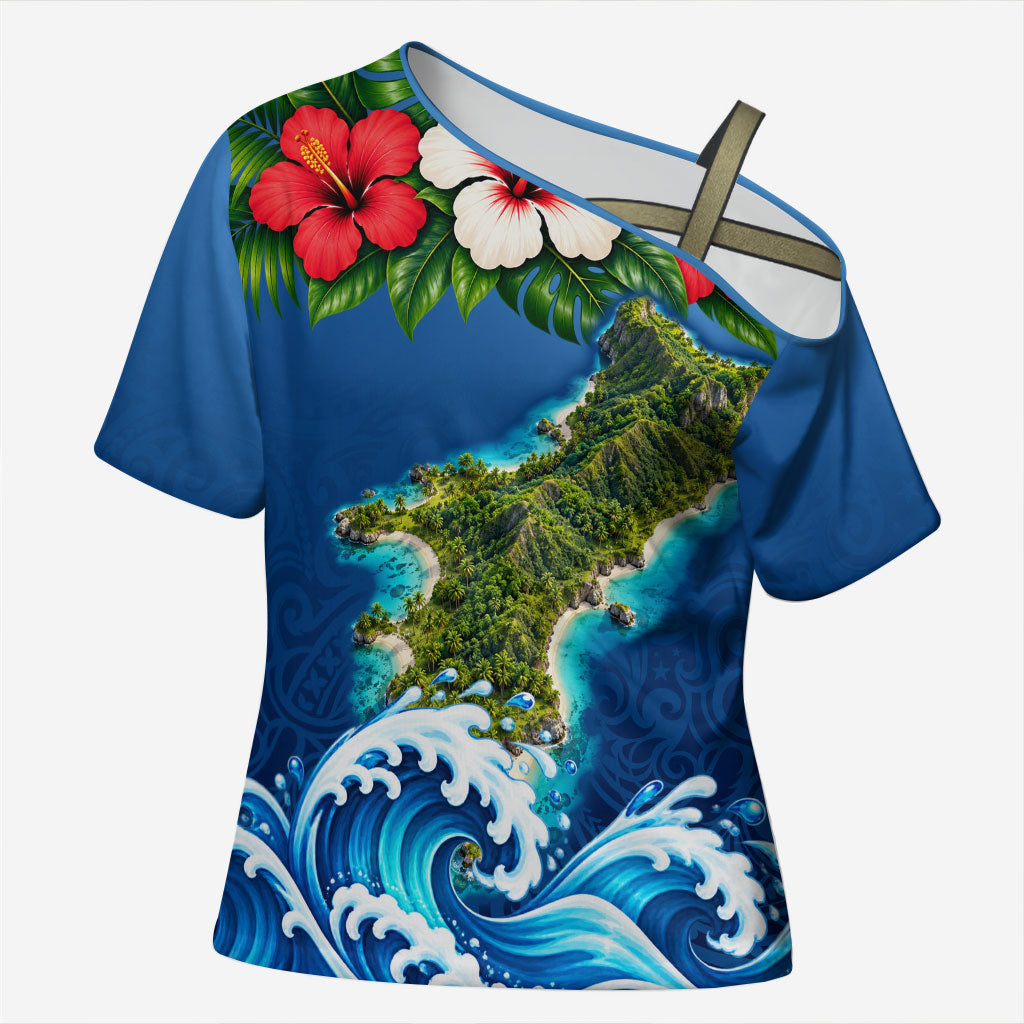 Guam Tropical Island Cross Shoulder Shirt Hibiscus Floral Ocean Waves TS04 Female Blue Red - Polynesian Pride