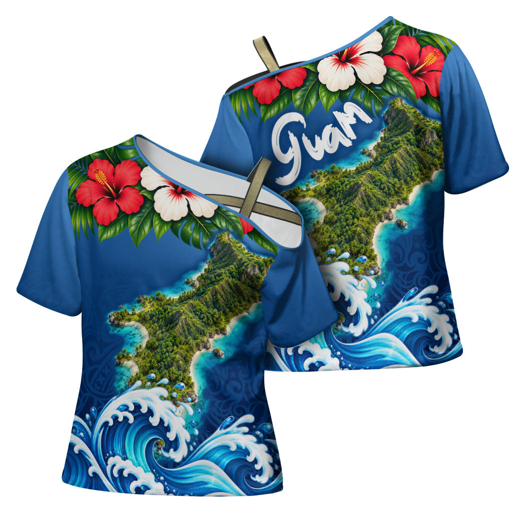 Guam Tropical Island Cross Shoulder Shirt Hibiscus Floral Ocean Waves TS04 - Polynesian Pride