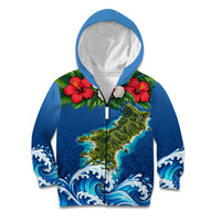 Guam Tropical Island Kid Hoodie Hibiscus Floral Ocean Waves TS04 Zip Hoodie Blue Red - Polynesian Pride