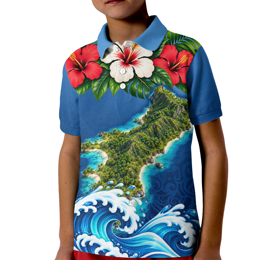 Guam Tropical Island Kid Polo Shirt Hibiscus Floral Ocean Waves TS04 Kid Blue Red - Polynesian Pride