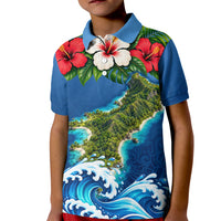 Guam Tropical Island Kid Polo Shirt Hibiscus Floral Ocean Waves TS04 Kid Blue Red - Polynesian Pride