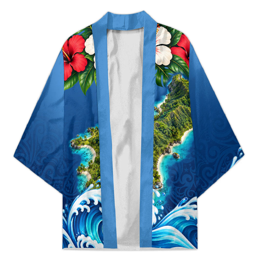 Guam Tropical Island Kimono Hibiscus Floral Ocean Waves TS04 Unisex Blue Red - Polynesian Pride