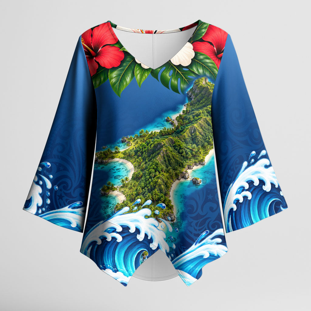 Guam Tropical Island Kimono Sleeve Blouse Hibiscus Floral Ocean Waves TS04 Female Blue Red - Polynesian Pride
