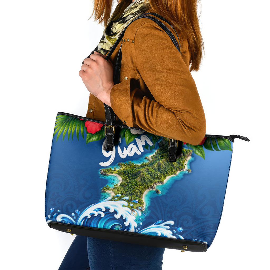 Guam Tropical Island Leather Tote Bag Hibiscus Floral Ocean Waves TS04 Blue Red - Polynesian Pride