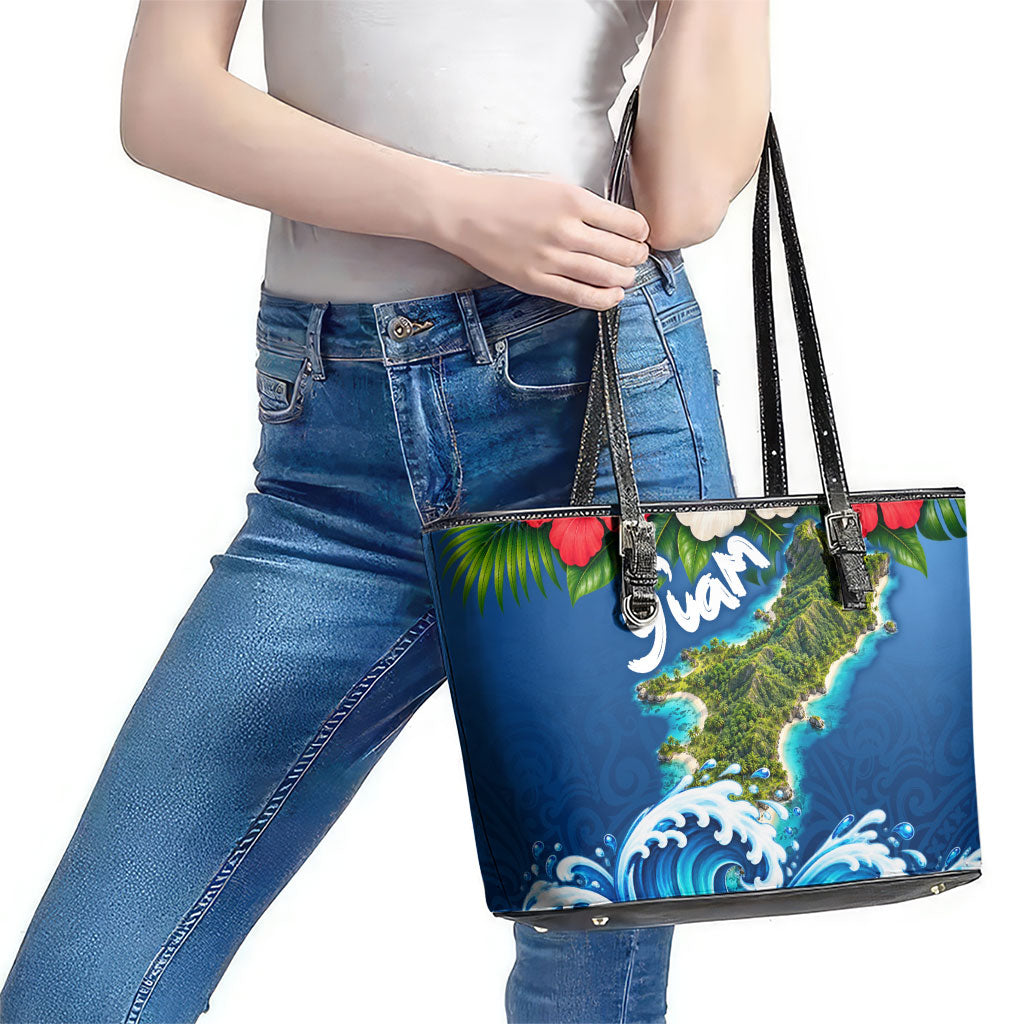 Guam Tropical Island Leather Tote Bag Hibiscus Floral Ocean Waves TS04 - Polynesian Pride