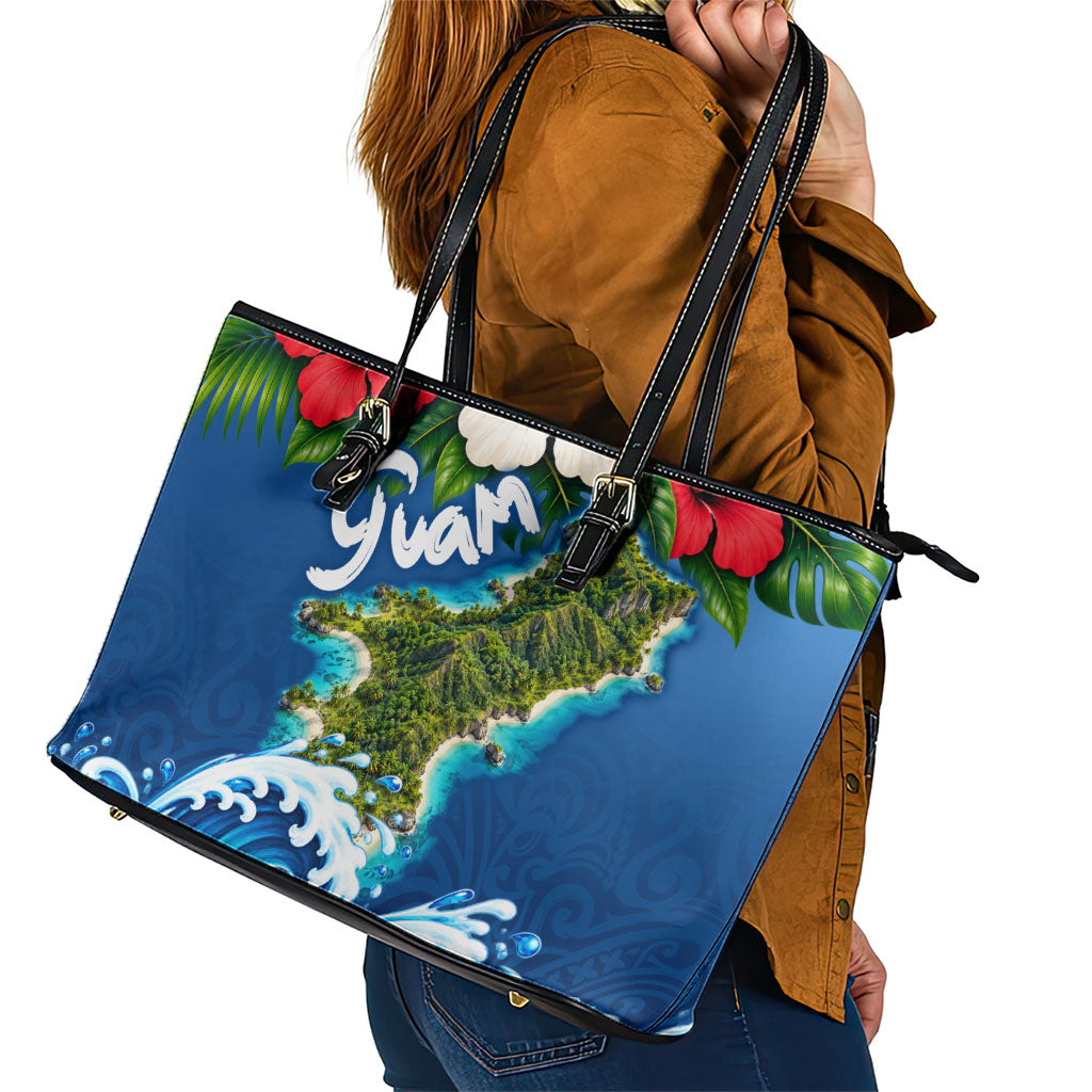 Guam Tropical Island Leather Tote Bag Hibiscus Floral Ocean Waves TS04 - Polynesian Pride