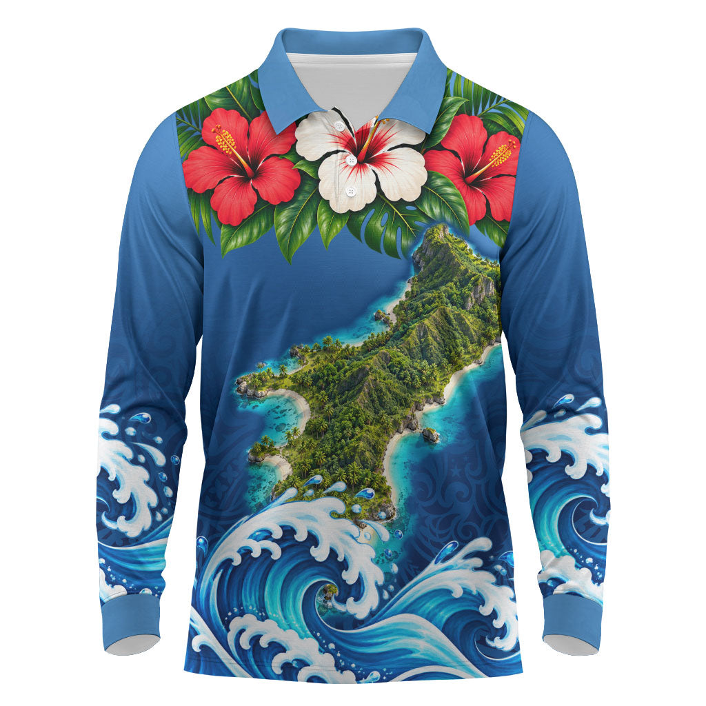 Guam Tropical Island Long Sleeve Polo Shirt Hibiscus Floral Ocean Waves TS04 Blue Red - Polynesian Pride