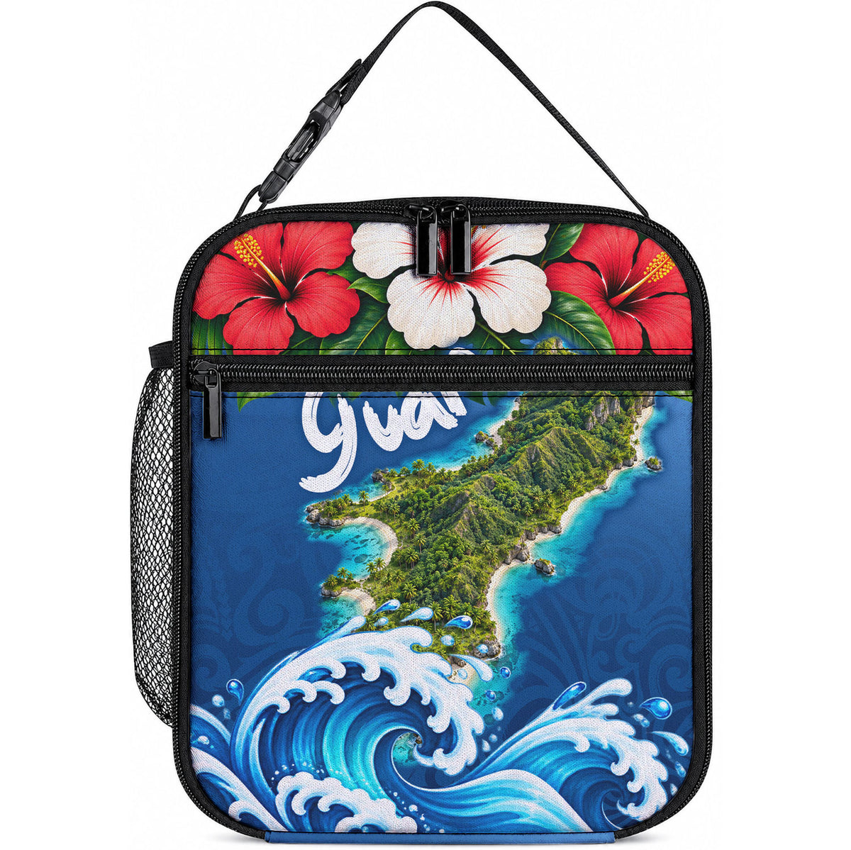 Guam Tropical Island Lunch Bag Hibiscus Floral Ocean Waves TS04 10.2 × 8.3 × 4.3 inch Blue Red - Polynesian Pride