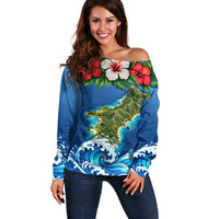 Guam Tropical Island Off Shoulder Sweater Hibiscus Floral Ocean Waves TS04 Women Blue Red - Polynesian Pride