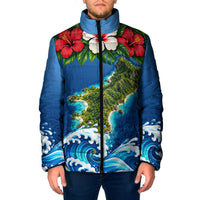 Guam Tropical Island Padded Jacket Hibiscus Floral Ocean Waves TS04 Men Blue Red - Polynesian Pride