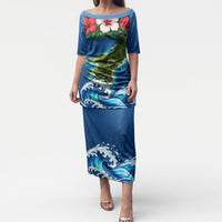 Guam Tropical Island Puletasi Hibiscus Floral Ocean Waves TS04 Long Dress Blue Red - Polynesian Pride