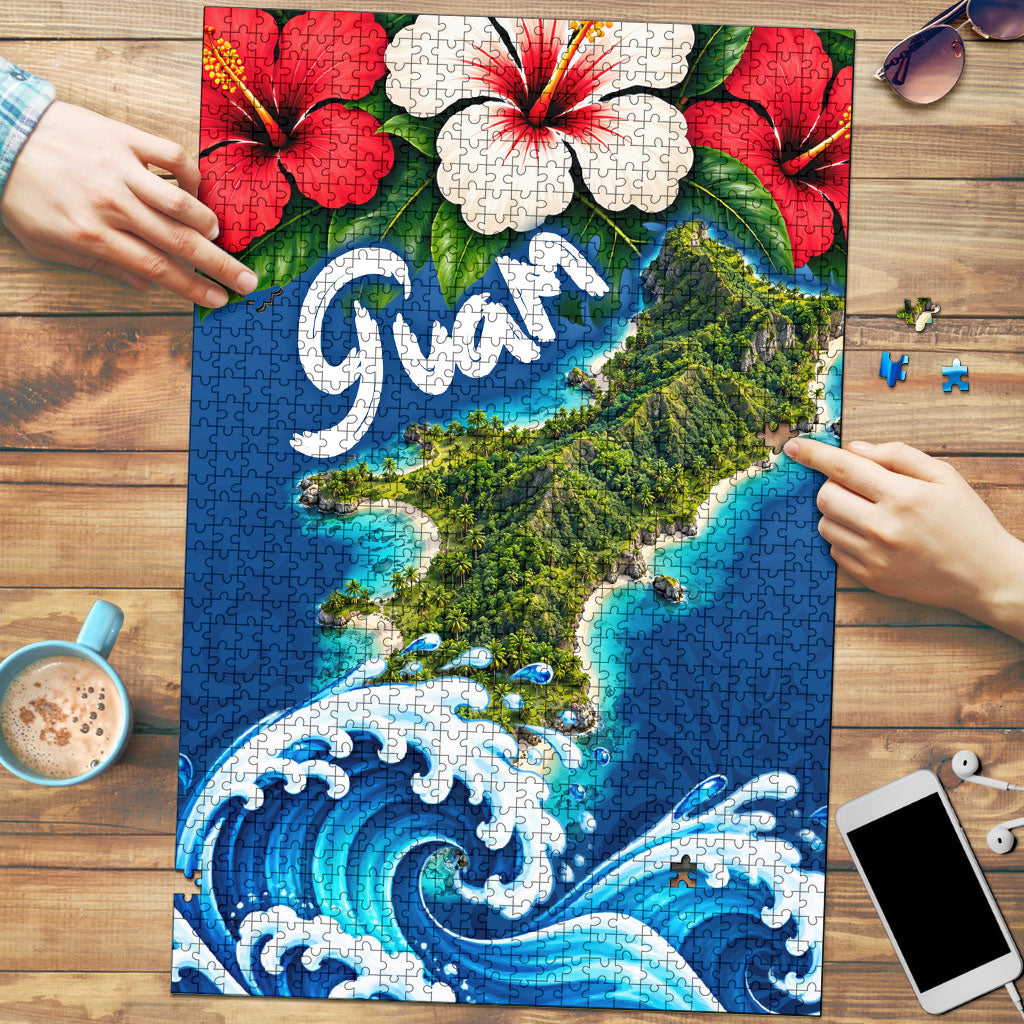 Guam Tropical Island Puzzle Hibiscus Floral Ocean Waves TS04 Blue Red - Polynesian Pride