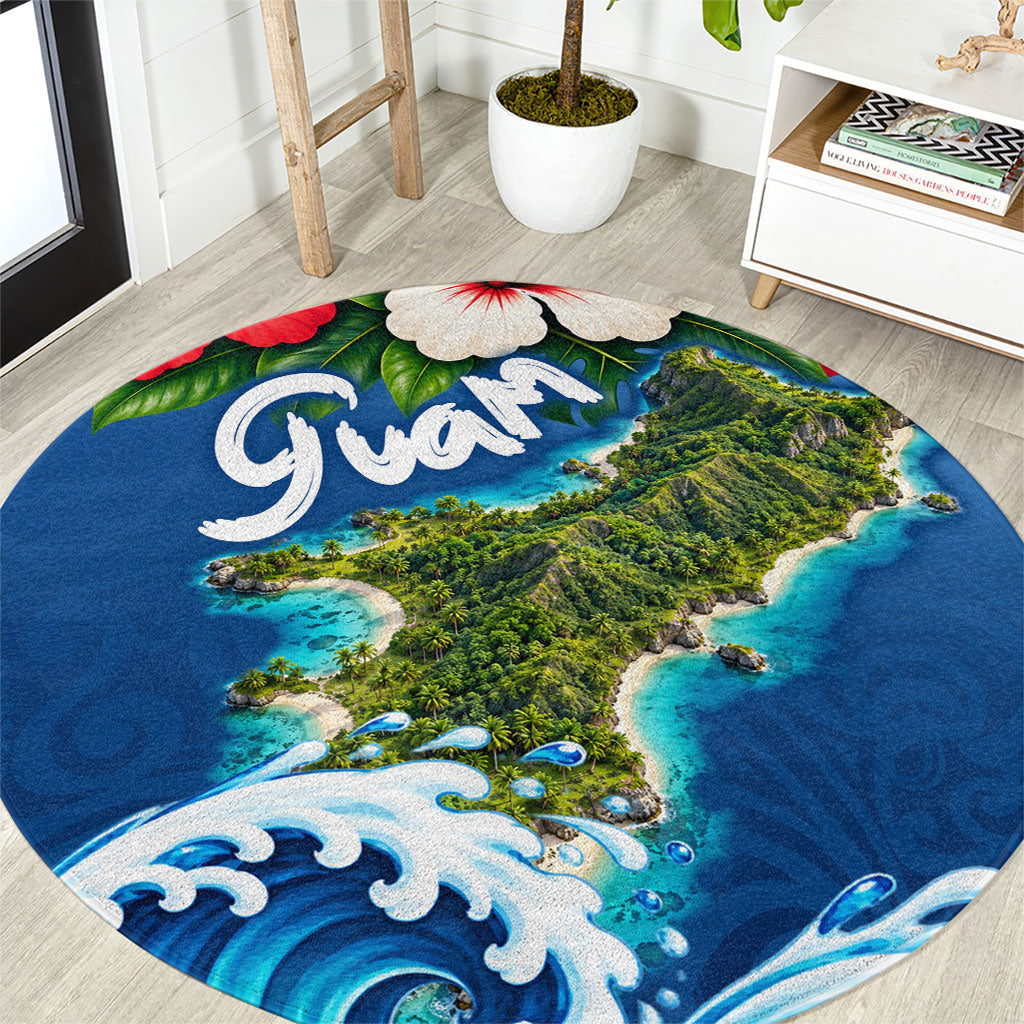Guam Tropical Island Round Carpet Hibiscus Floral Ocean Waves TS04 Blue Red - Polynesian Pride