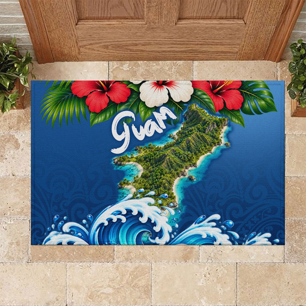 Guam Tropical Island Rubber Doormat Hibiscus Floral Ocean Waves TS04 Blue Red - Polynesian Pride