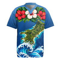 Guam Tropical Island Rugby Jersey Hibiscus Floral Ocean Waves TS04 Blue Red - Polynesian Pride
