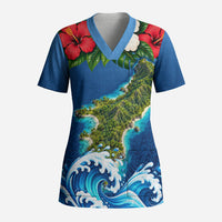 Guam Tropical Island Scrub Top Hibiscus Floral Ocean Waves TS04 Adult Blue Red - Polynesian Pride