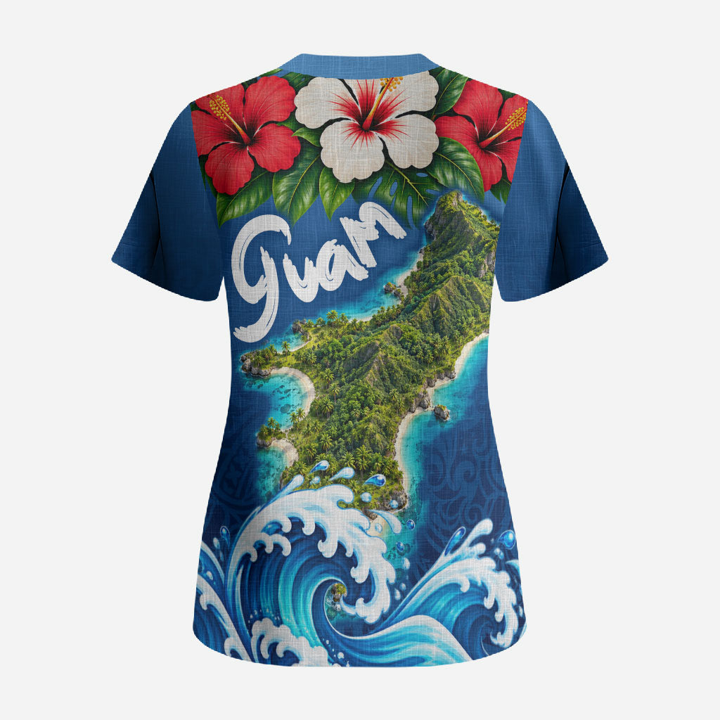 Guam Tropical Island Scrub Top Hibiscus Floral Ocean Waves TS04 - Polynesian Pride