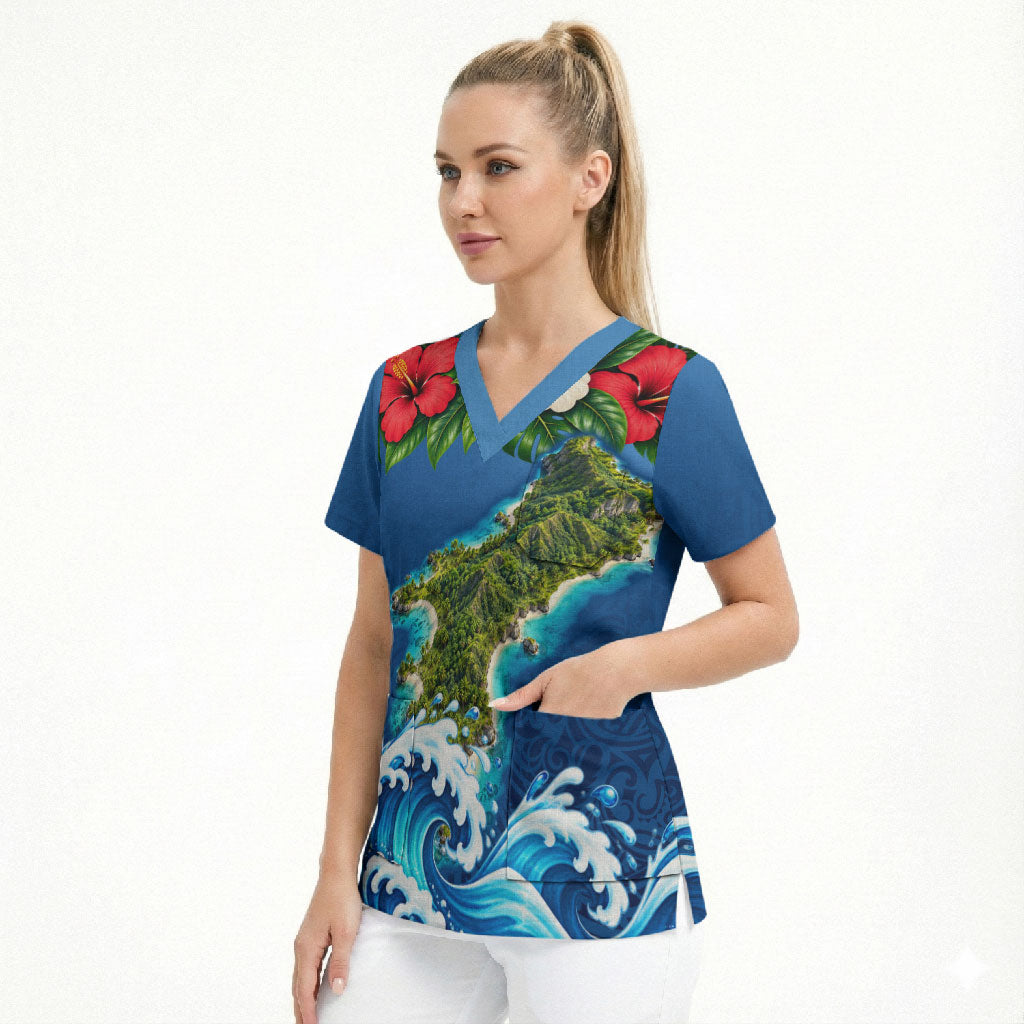 Guam Tropical Island Scrub Top Hibiscus Floral Ocean Waves TS04 - Polynesian Pride