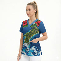 Guam Tropical Island Scrub Top Hibiscus Floral Ocean Waves TS04 - Polynesian Pride