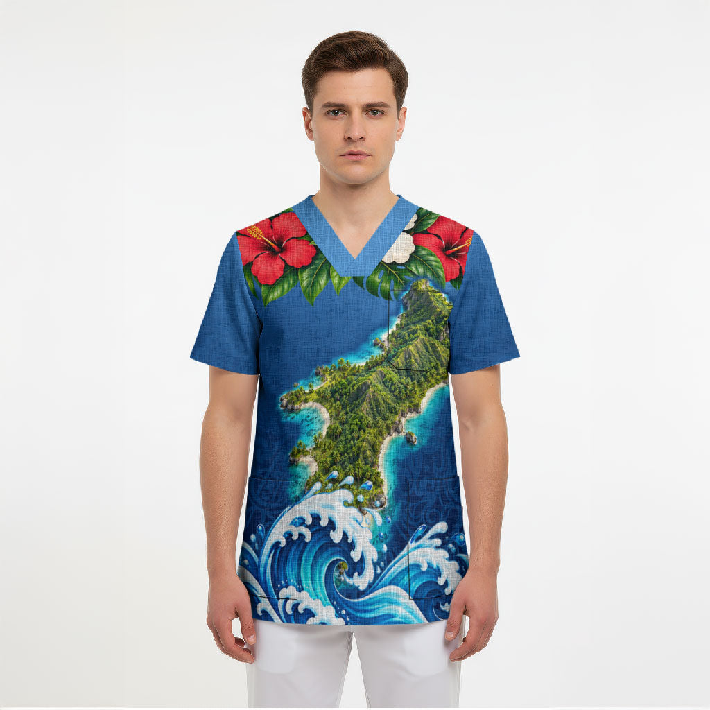 Guam Tropical Island Scrub Top Hibiscus Floral Ocean Waves TS04 - Polynesian Pride