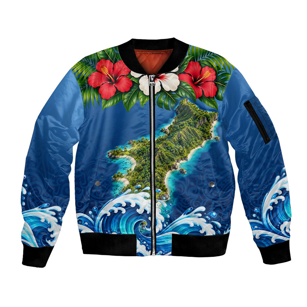 Guam Tropical Island Sleeve Zip Bomber Jacket Hibiscus Floral Ocean Waves TS04 Unisex Blue Red - Polynesian Pride