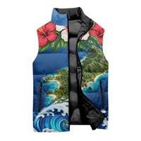 Guam Tropical Island Sleeveless Puffer Jacket Hibiscus Floral Ocean Waves TS04 - Polynesian Pride