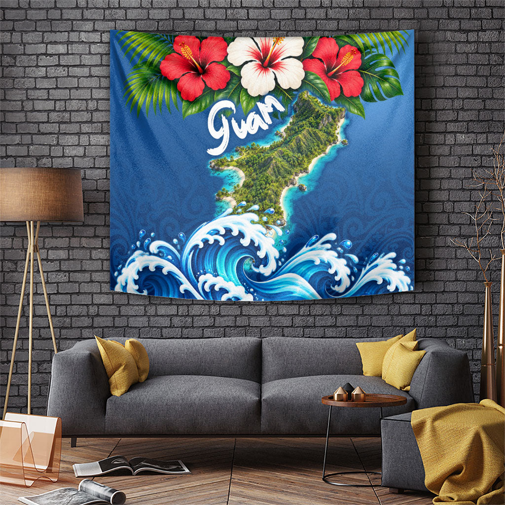 Guam Tropical Island Tapestry Hibiscus Floral Ocean Waves TS04 Blue Red - Polynesian Pride