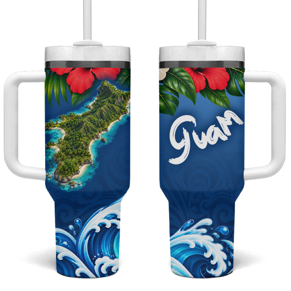 Guam Tropical Island Tumbler With Handle Hibiscus Floral Ocean Waves TS04 One Size: 40 oz Blue Red - Polynesian Pride
