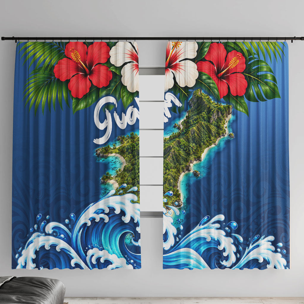 Guam Tropical Island Window Curtain Hibiscus Floral Ocean Waves TS04 With Hooks Blue Red - Polynesian Pride