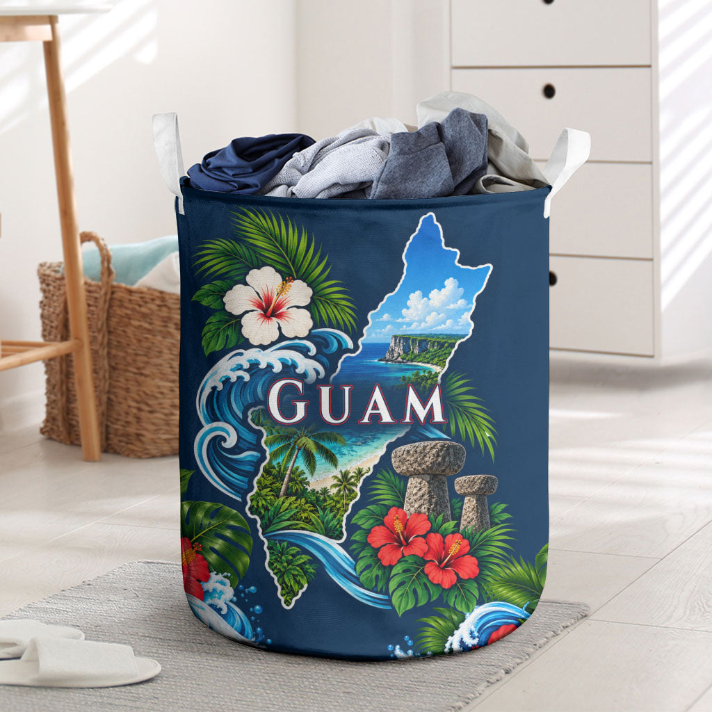 Guam Map Latte Stone Laundry Basket Hibiscus Floral Coastal Landscape TS04 Blue Red - Polynesian Pride