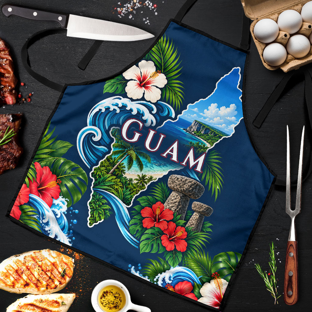 Guam Map Latte Stone Apron Hibiscus Floral Coastal Landscape TS04 Blue Red - Polynesian Pride