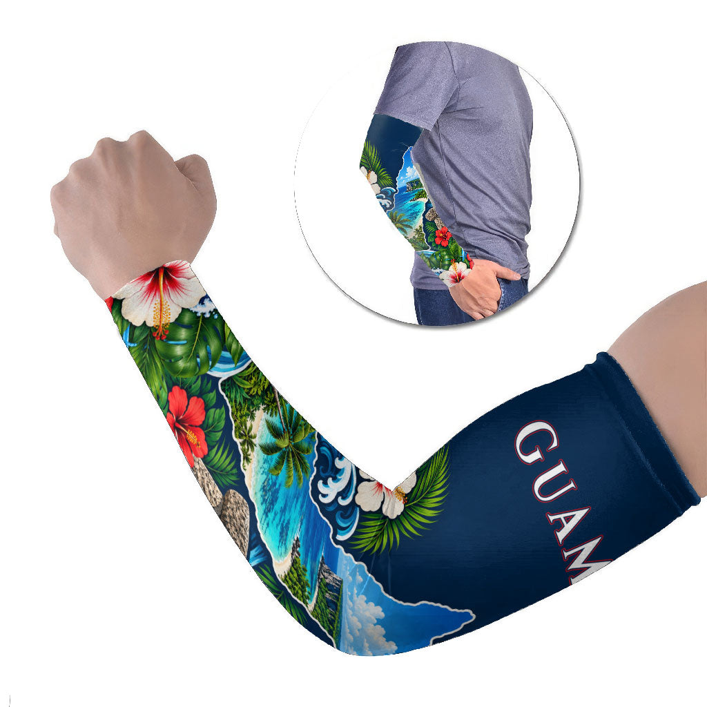 Guam Map Latte Stone Arm Sleeves Hibiscus Floral Coastal Landscape TS04 Set of 2 Blue Red - Polynesian Pride