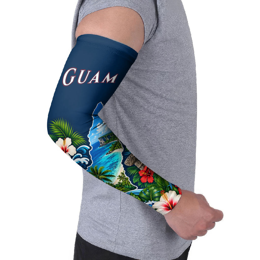 Guam Map Latte Stone Arm Sleeves Hibiscus Floral Coastal Landscape TS04 - Polynesian Pride