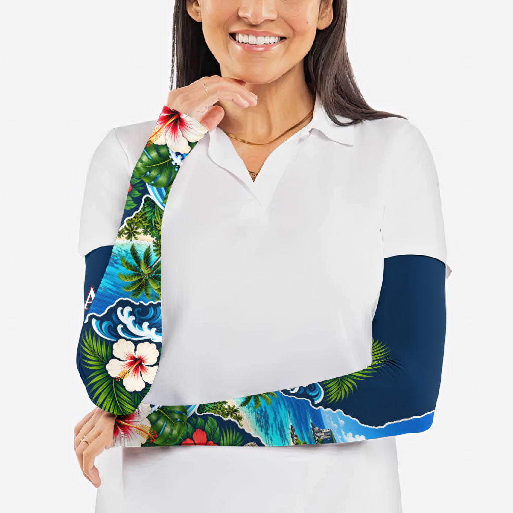 Guam Map Latte Stone Arm Sleeves Hibiscus Floral Coastal Landscape TS04 - Polynesian Pride
