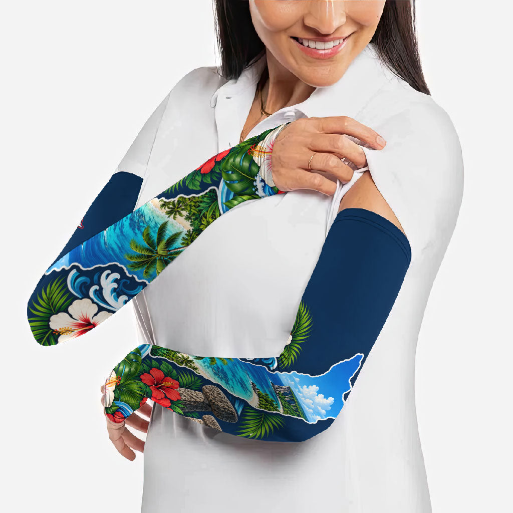 Guam Map Latte Stone Arm Sleeves Hibiscus Floral Coastal Landscape TS04 - Polynesian Pride