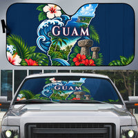 Guam Map Latte Stone Auto Sun Shade Hibiscus Floral Coastal Landscape TS04 Blue Red - Polynesian Pride