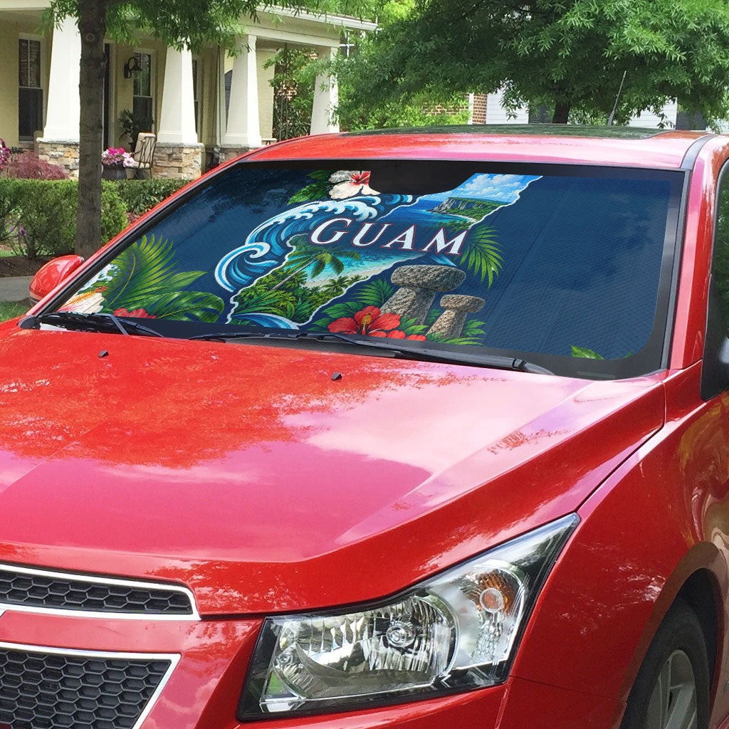 Guam Map Latte Stone Auto Sun Shade Hibiscus Floral Coastal Landscape TS04 - Polynesian Pride