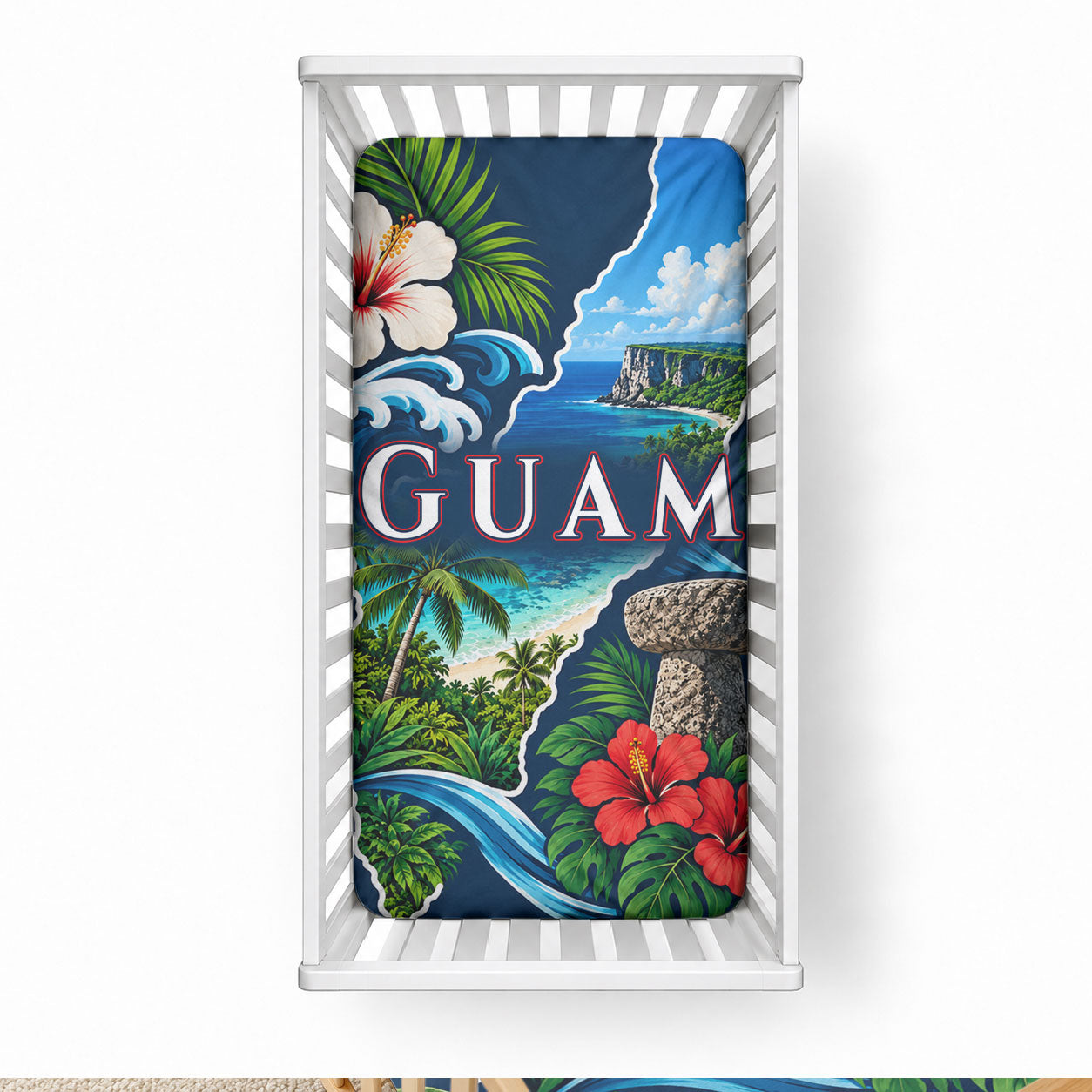 Guam Map Latte Stone Baby Bed Cover Hibiscus Floral Coastal Landscape TS04 28 × 52 in Blue Red - Polynesian Pride