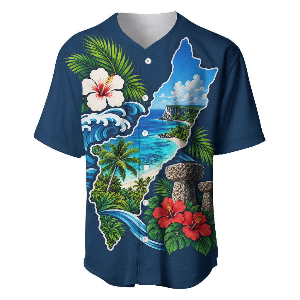 Guam Map Latte Stone Baseball Jersey Hibiscus Floral Coastal Landscape TS04 Blue Red - Polynesian Pride
